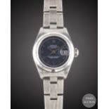 A LADIES STAINLESS STEEL ROLEX OYSTER PERPETUAL DATE BRACELET WATCH CIRCA 1999, REF. 79160 WITH BLUE