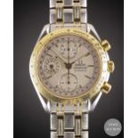 A GENTLEMAN'S STEEL & GOLD OMEGA SPEEDMASTER AUTOMATIC TRIPLE CALENDAR CHRONOGRAPH BRACELET WATCH