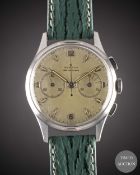 A GENTLEMAN'S STAINLESS STEEL ZENITH EXCELSIOR PARK CHRONOGRAPH WRIST WATCH CIRCA 1950s, WITH IMP.