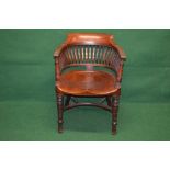 Mahogany office chair having moulded arms supported on sweeping vertical slats and turned columns