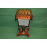 19th century rosewood drop leaf work table with inlaid games top drawer and basket under