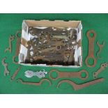 Box of older flat ring and multi spanners to include: Ridge, Whitworth Ltd, Rolls Royce, Halfords,