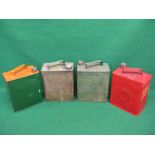 Four two gallon fuel cans to comprise: circa 1921 Pratts with Eythel denoting orange top and Pratts
