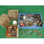 Mixed lot to include: Shell and Esso two gallon cans, spark plugs, gauges, pourers, oil cans,