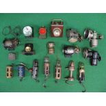 Crate of assorted old bicycle battery and carbide lights, inspection lamps,