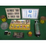 Box of assorted motoring memorabilia to include: Regent Ethyl ashtray, Junior Pyrene extinguisher,