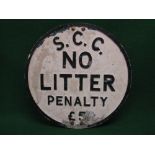 Circular cast aluminium sign SCC No Litter Penalty £5, probably Surrey County Council - 16.