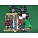 Two boxes of vehicle spares to include two large fans,