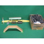 Hornby O gauge to comprise: box of track, footbridge, signal, two wagons,