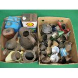 Two boxes of oil pourers and cans to include: Shell, Royal Snowdrift, Halfords, Duckhams, GPO,