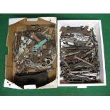 Two boxes of AF, Whitworth and BSF spanners including mower,