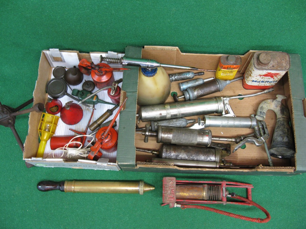 Two boxes of oil cans (including a Sutcliffe), grease and oil guns, Mobil Upperlube dispenser, cans,