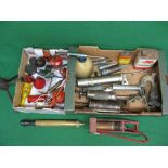 Two boxes of oil cans (including a Sutcliffe), grease and oil guns, Mobil Upperlube dispenser, cans,