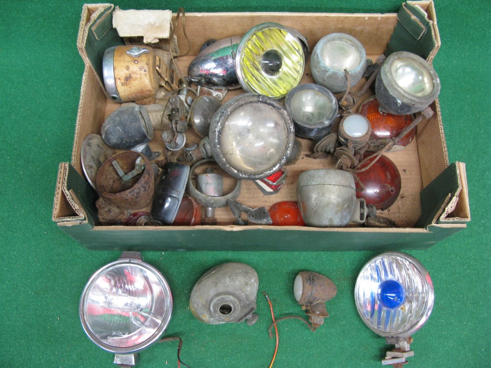 Box of motoring and cycling lamps and bowls to include: CAV Torpedo,