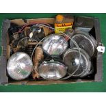 Box of parts to include: two Jaguar head lamps, large Lucas sealed beam, new springs,
