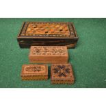 Tunbridge ware puzzle box together with two other small rectangular boxes and one larger box having