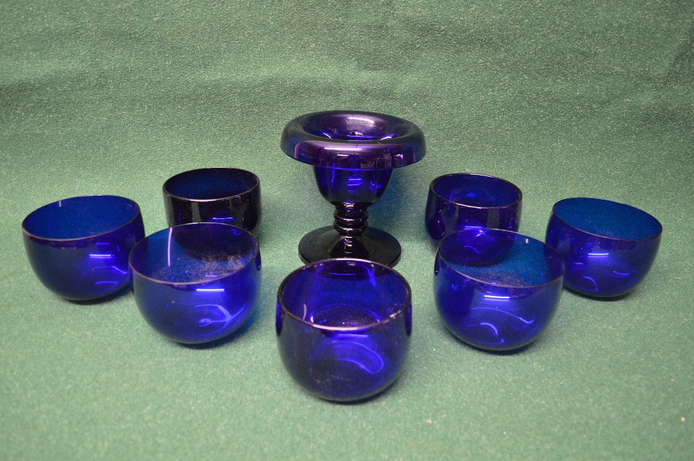 Bristol blue glass bowl together with seven Bristol blue glass finger bowls