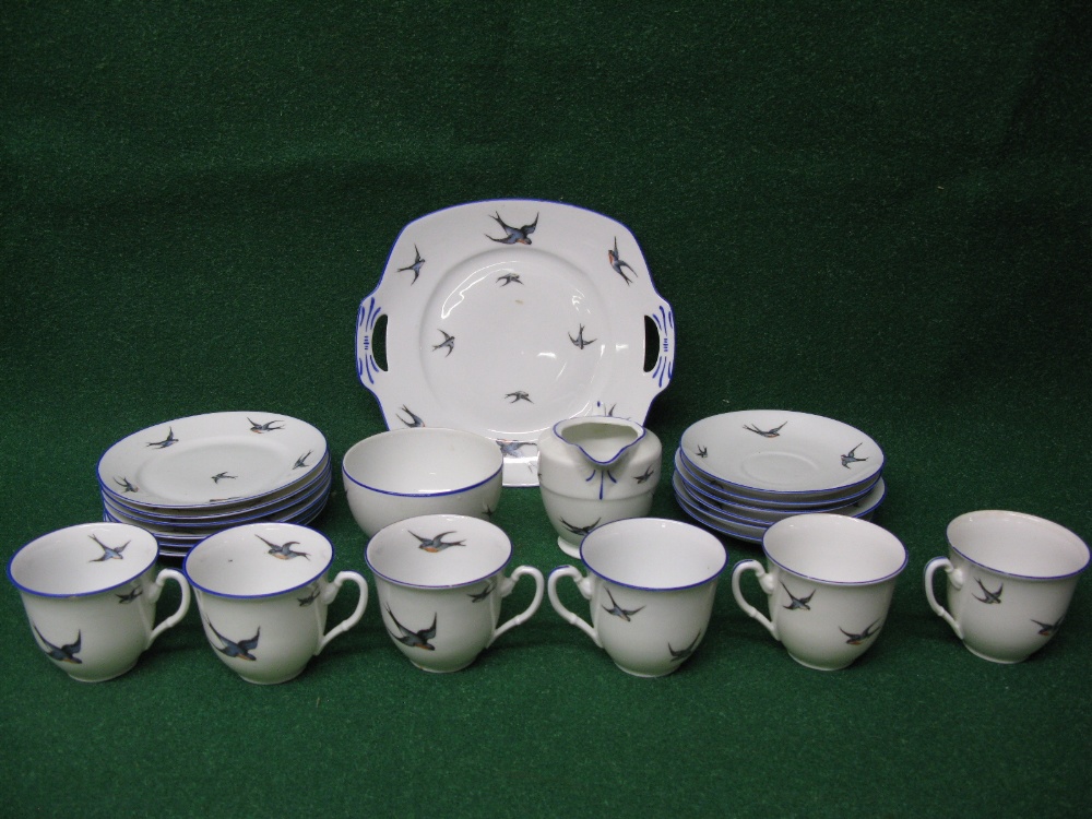Czechoslovakian porcelain teaset decorated with Swallows and blue borders to comprise: cake plate,