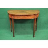 Georgian mahogany D shaped card table having cross banded top opening to reveal green baize playing