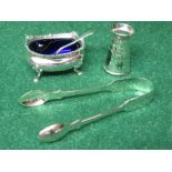 Group of silver items to comprise: pair of silver sugar tongs, marked for London,