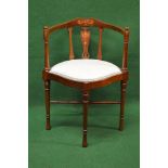 Mahogany Art Nouveau inlaid corner chair having curved back supported on vertical back splats and