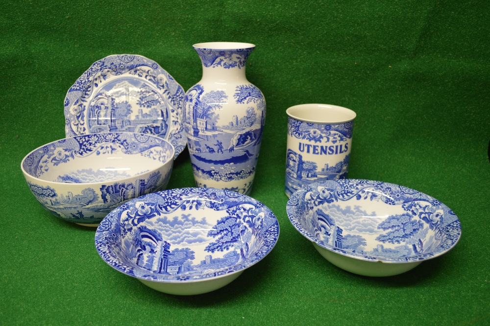 Group of blue and white Spode Italian pattern to include: large bowl, vase, utensil pot,