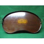 Mahogany inlaid kidney shaped serving tray having raised gallery with brass carrying handles and