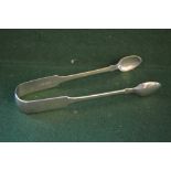 Pair of Victorian Irish silver Fiddle pattern sugar tongs by Josiah Low,