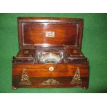 Rosewood sarcophagus shaped tea caddy having Mother of Pearl inlaid decoration and side carrying
