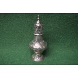 Silver sugar shaker having decorative embossed bulbous body with pierced lid,