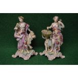 Pair of European porcelain figures of ladies and cherubs, standing on scrolled bases,