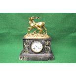 Graverand 8 day slate and marble mantle clock the top having figure of hound and stag,