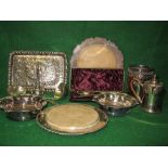 Collection of silver plate to comprise: two bread boards, cased spoons, two ladles,