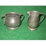 Liberty & Co English pewter two handled sugar bowl and milk jug having beaten metal finish