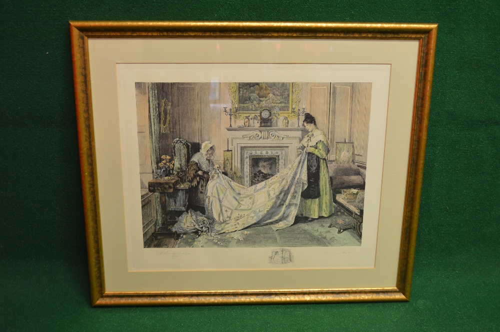 W Dendy-Sadler 1854-1923 coloured engraving of two ladies sewing in front of an open fire,