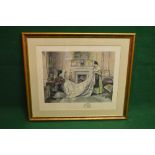 W Dendy-Sadler 1854-1923 coloured engraving of two ladies sewing in front of an open fire,