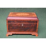 Mahogany cross banded and inlaid tea caddy the top opening to reveal three lidded tea boxes,