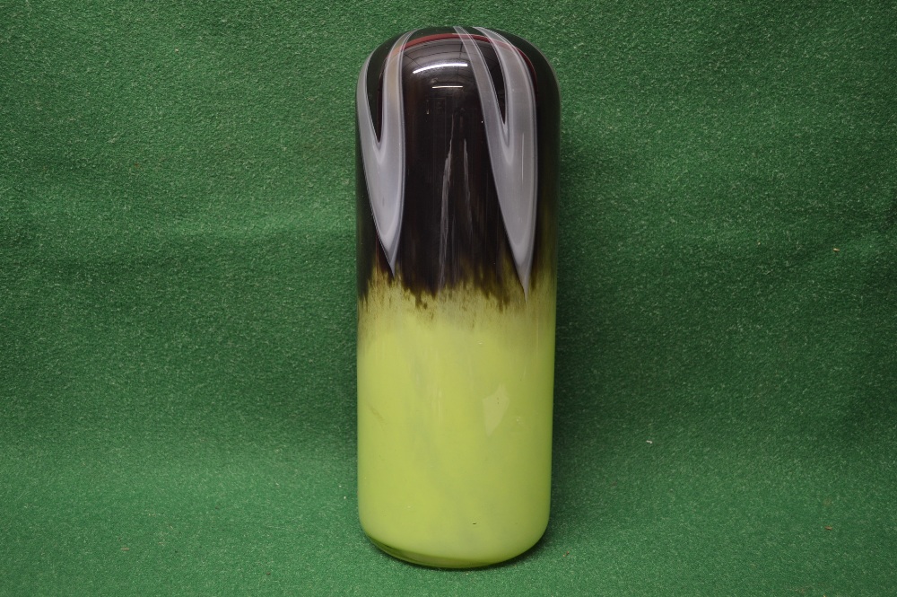 Cylindrical studio glass vase having yellow lower section with dark upper section - 15.