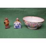 Group of Oriental porcelain and soap stone items to comprise: large bowl having decoration of