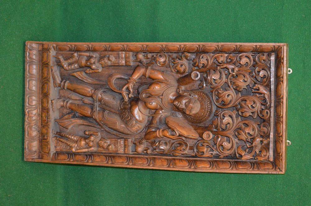 Late 19th/early 20th century Indian carved hardwood panel having central carved decoration of a - Image 2 of 2