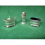 Silver three piece cruet set to comprise: mustard pot with spoon, salt with spoon and pepper pot,