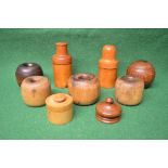 Collection of treen items to include: three lidded pots, paperweight,