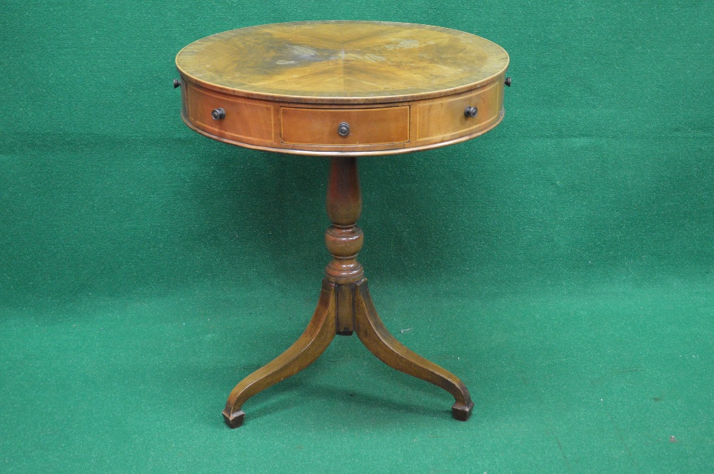 Circular mahogany occasional drum table having cross banded and quarter veneered top over three