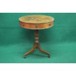 Circular mahogany occasional drum table having cross banded and quarter veneered top over three