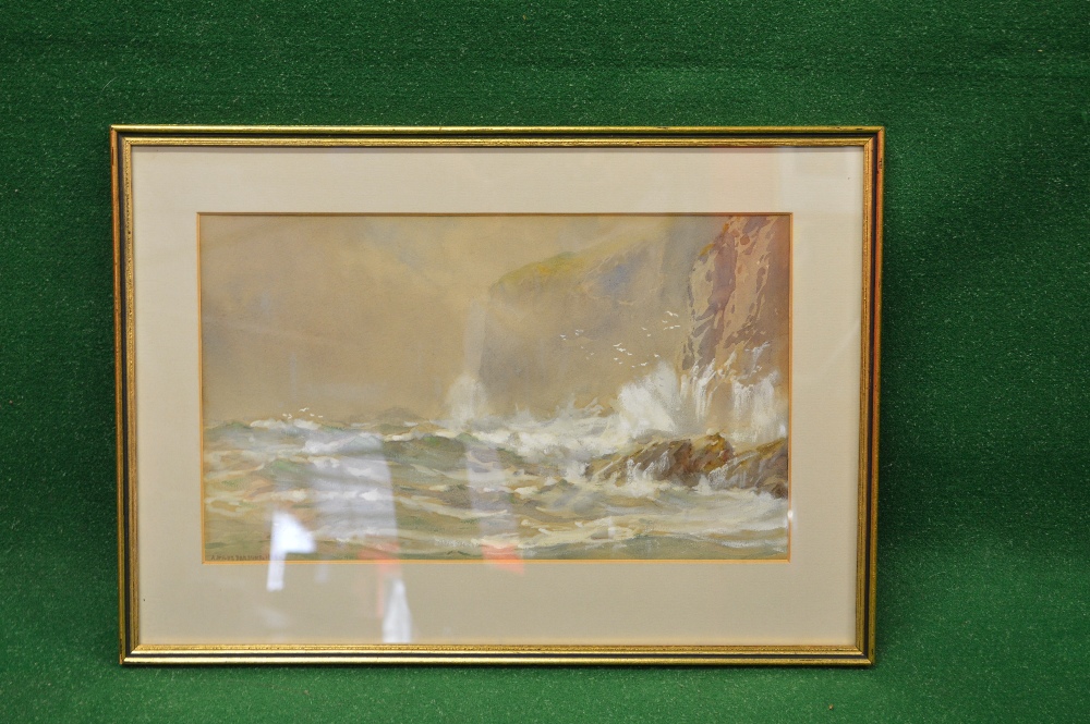 A Wilde-Parsons watercolour of rough seas against a cliffs edge with Seagulls,