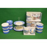 Group of TG Green Cornishware to comprise: two tier circular cake stand, rice storage jar,