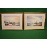 John Shelling, pair of watercolours of fishing boats on waters edge with church and trees beyond,