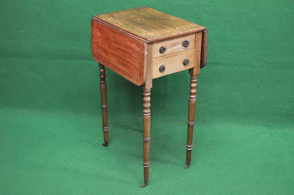 Mahogany drop flap work table the top having two drop leaves over two short drawers with hoop