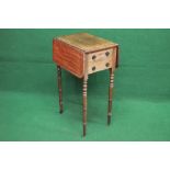 Mahogany drop flap work table the top having two drop leaves over two short drawers with hoop