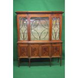 Inlaid mahogany breakfront display cabinet the top having moulded cornice over single glazed